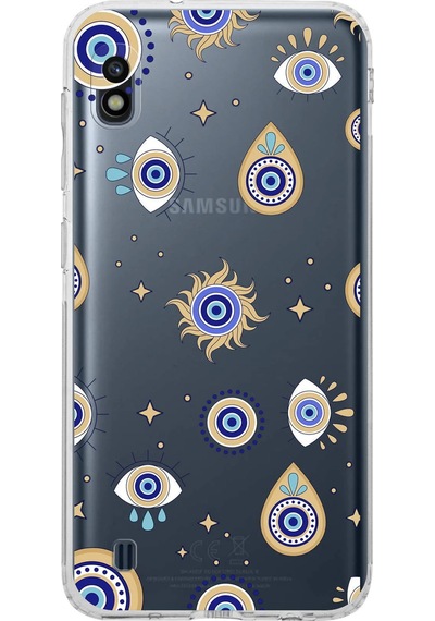 Samsung Galaxy A10 İle Uyumlu Nazar Boncuğu 5 Kamera Korumalı Şeffaf Silikon Kılıf Şeffaf