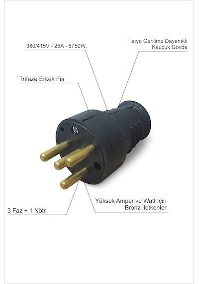 Sadece Trifaze 3 Faz 1 Nötr 380/415v Max.5750w 25a Gerilime Ve Isıya Dayanıklı Bakır Ve Kauçuk Erkek Fiş