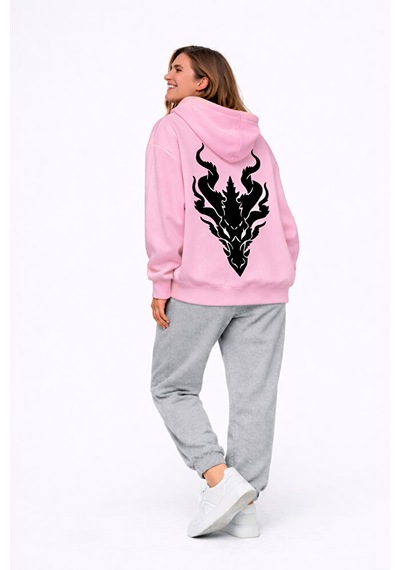 Unisex Ejderha Baskılı Beyaz Sevgili Kombini Oversize Hoodie Seti Pembe