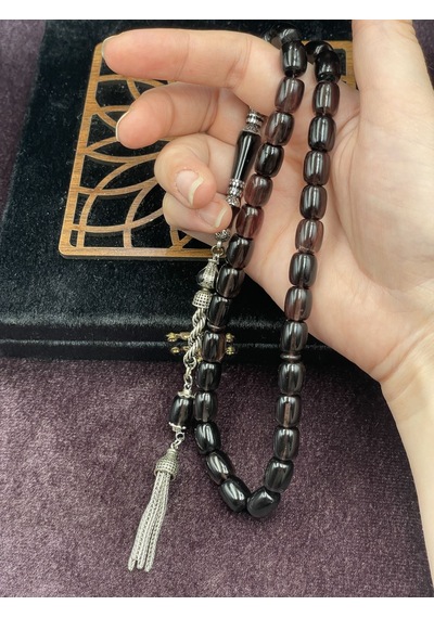 Alpaka Nakkaş İmameli Siyah-gri Sıkma Kehribar Tesbih 9x11 Mm