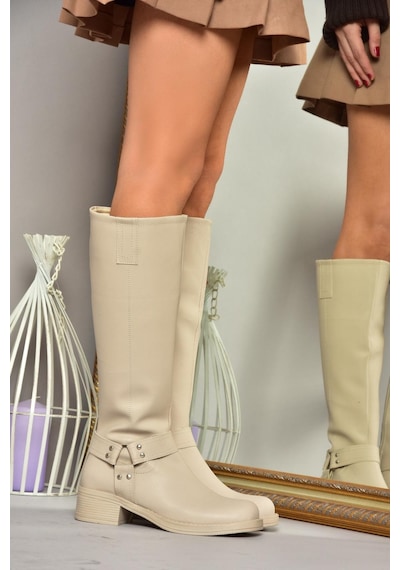 Fox Shoes T404550009 Bej Alçak Topuklu Kadın Çizme Bej-suni Deri Bej