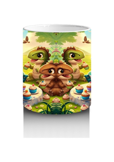 Çocuklara Sütü Sevdiren Cupcake Partisi Yapan Sevimli Dinozorlar Desenli Kupa Bardak Renkli