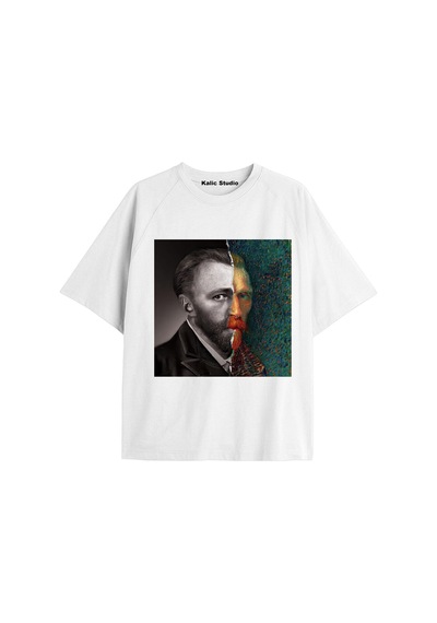 Kalic Studio Unisex Van Gogh Baskılı Oversize Tshirt Beyaz-41