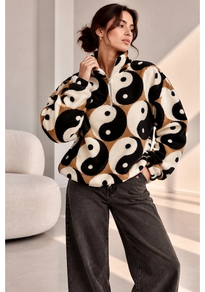 Bbbutikbasic Dik Yaka Yarım Fermuarlı Desenli Polar Sweatshirt My3535 Denge