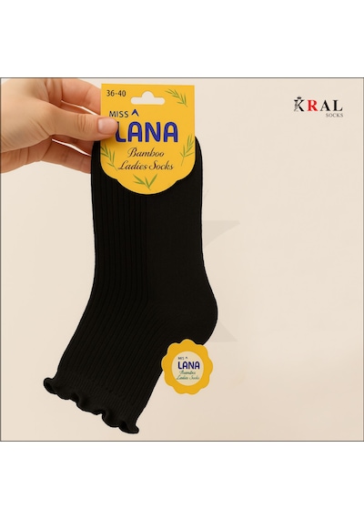 Kral Socks Kadın Bambu Çorap 6 Çift Fırfırlı Patik Kadın Çorap Siyah
