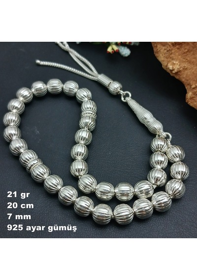 925 Ayar Gümüş Tesbih Yuvarlak Kesim Cizgili Model Orta Boy