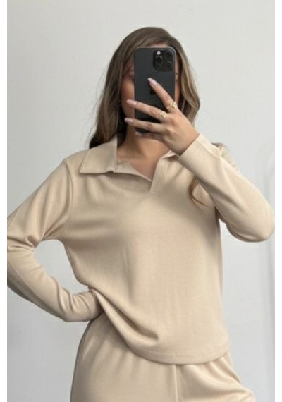 Balenbi Kadın Modal Kumaş Polo Yaka Uzun Kollu Takım 1126 Bej