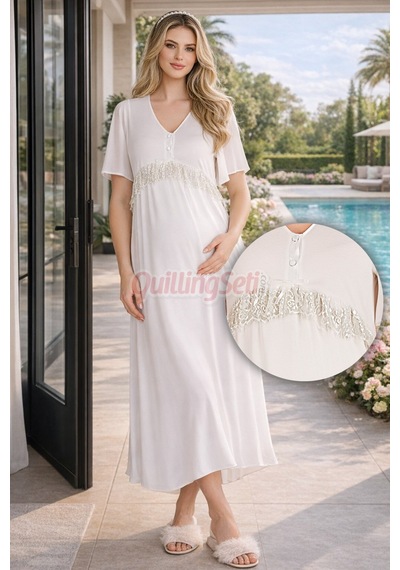 Lady Ekru Renk Dantel Detaylı 33500 Sabahlıklı 2li Hamile Gecelik Takım Set