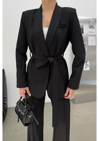 Msm Fashion Kadın İkili Kuşaklı Blazer Ceket Pantolon Takım Siyah