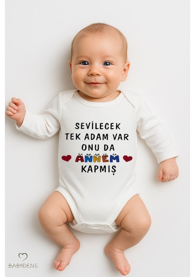 Babyden's Sevilecek Tek Adam Var, Onu Da Annem Kapmış Yazılı,uzun Kollu Bebek Body %100 Pamuk Çıtçıtlı Body Beyaz
