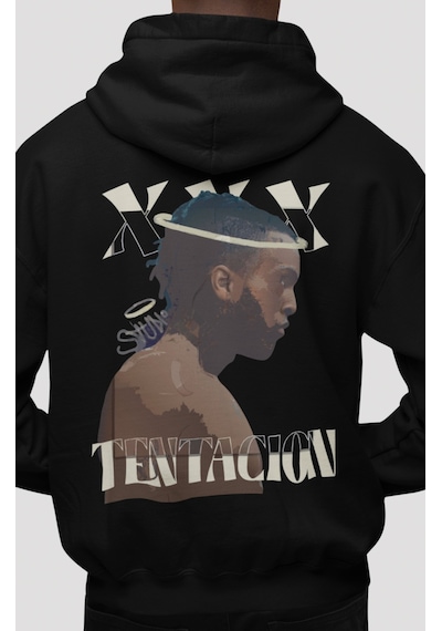 Sevbano X Tentacion Rapper Şarkıcı Sırt Baskılı Unisex Oversize Penye Hoo Siyah