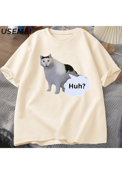 Flood Of Style Huh Kedi Komik Meme T Shirt Erkek Kadın Absurd Weirdcore T-shirt Rahat Yuvarlak Boyun Pamuk K Haki