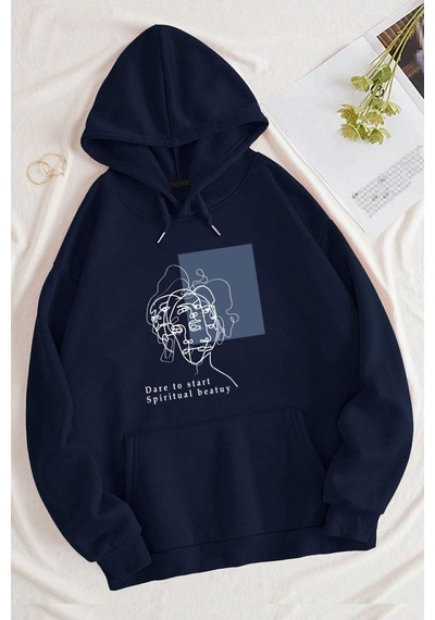 Uyguntarz Unisex Minimal Line Drawing Baskılı Sweatshirt Lacivert