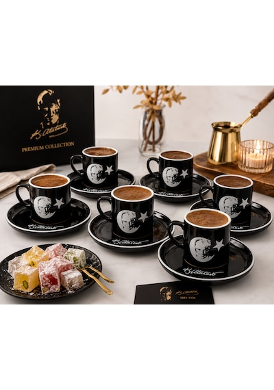 6 Lı Atatürk Temalı Türk Kahvesi Fincan Takımı Siyah Premium Porselen Kahve Seti & Özel Hediye Konsepti