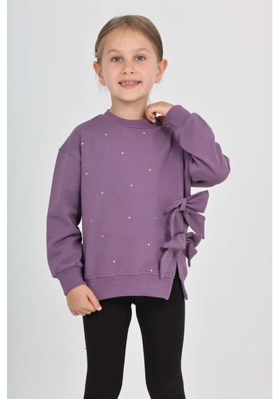 Toontoy Kız Çocuk Taşlı Fiyonklu Sweatshirt Mor