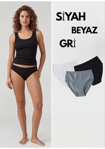 Nacar Store Kadın 3'lü Siyah-beyaz-gri Pamuklu Bikini Külot Seti
