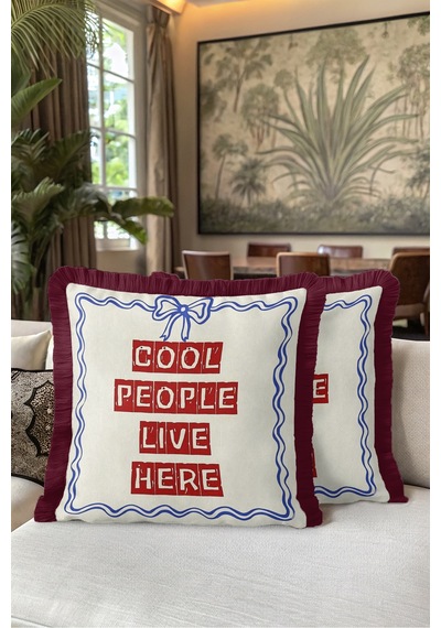 Cool People Live Here Yazılı Saçaklı Yastık Kılıfı-nostaljik Yazı Krem Bordo Püsküllü Kırlent Kılıfı Sarı