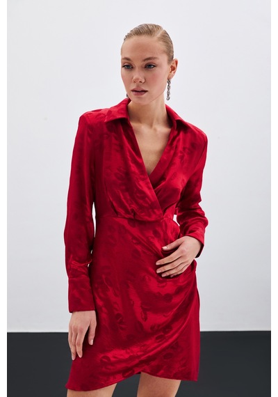 Sateen Desenli Kruvaze Elbise - Kırmızı-135583 Kırmızı