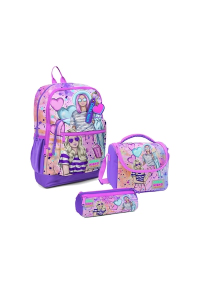 Coral High Kız Çocuk Üçlü İlkokul Okul Çanta Seti - Pembe Mor Fashion Girl