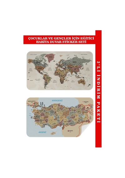 Eğitici Ve Öğretici Dünya Ve Türkiye Haritası Çocuk Odası Duvar Sticker-60x105-3883 Renkli