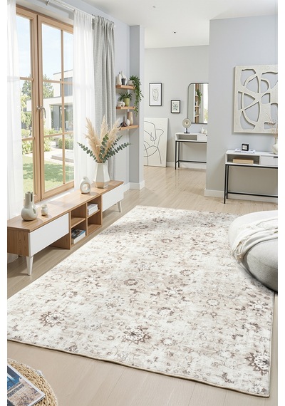 Raschel Carpet Premium Yıkanabilir Leke Tutmaz Modern Antik Bej Özel Seri Kaymaz Taban Halı Yolluk Bej