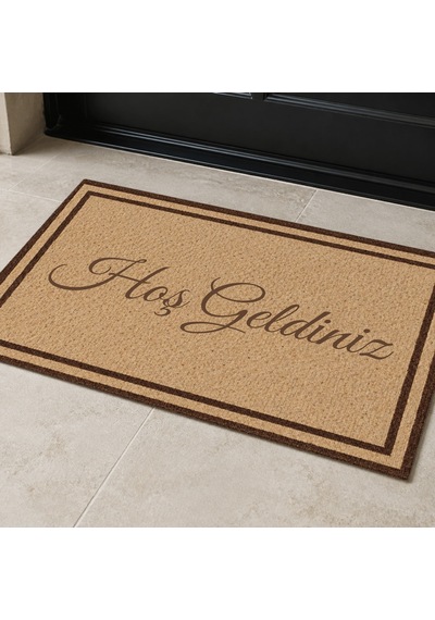 Kartela Halı Hoş Geldiniz Yazılı Çift Çerçeveli Kapı Paspası Bej Kaymaz Kauçuk Taban 60x90 Cm