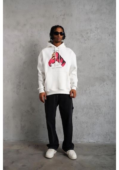 Erkek Kapüşonlu Cepli Boks Eldiven Baskılı 3 İplik Sweatshirt Hoodie - Beyaz
