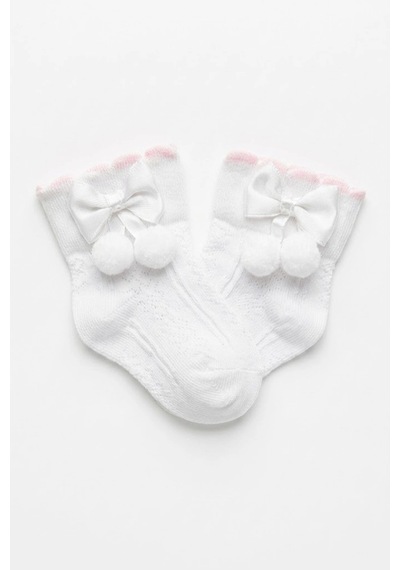 Cocole Socks Kız Çocuk Aksesuarlı Soket Çorabı Tekli Pamuklu Ponponlu Beyaz Desenli