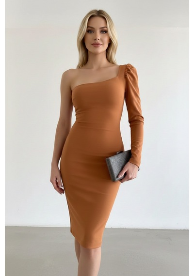 Defymoda Kadın Vücudu Saran Zarif Elbise Kahverengi