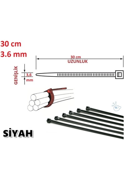 100 Adet 30cmx3,6mm Siyah Plastik Cırt Kelepçe Kablo Bağı