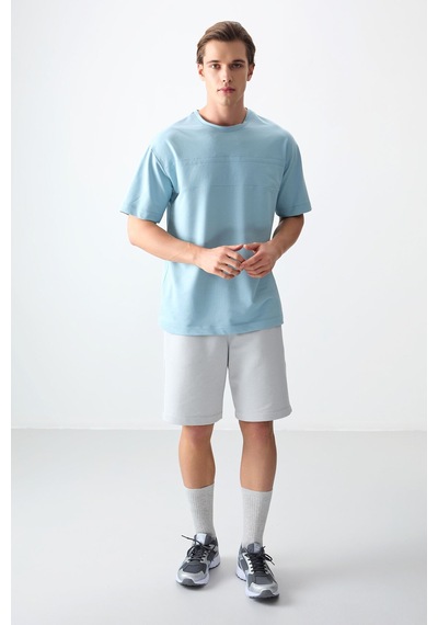 Air Jones Tommy Life Açık Mavi Pamuklu Kalın Yumuşak Dokulu Oversize Fit Basic Erkek T-shirt - 88378 Açik Mavi