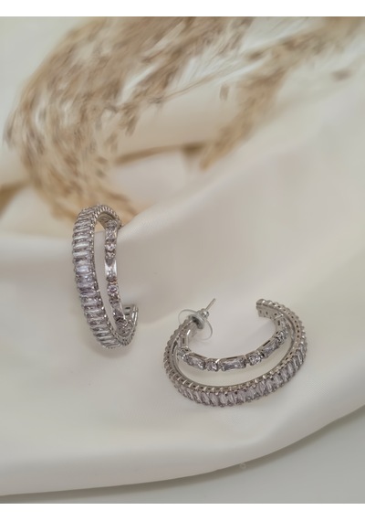 İkili Yarım Halka Model Zirkon Taşlı Antialerjik Vip Halka Silver Renk Küpe Antialerjik Silver