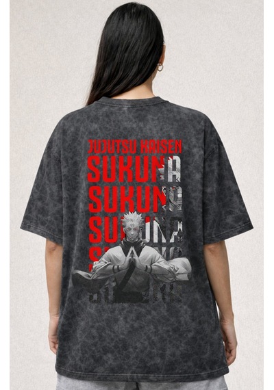 Jujutsu Kaisen Sukuna Anime Baskılı Unisex Oversize Eskitme Yıkam Siyah