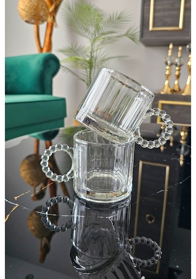 6 Lı Boncuklu Kulplu Cam Kupa 300 Ml Kulplu Çay Bardağı Boncuk Cam Kupa Meşrubat Bardağı - Beyaz Beyaz