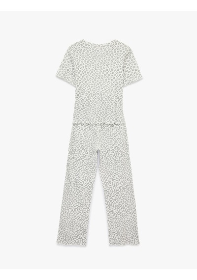 Koton Pamuklu Kısa Kollu Bisiklet Yaka Leopar Desenli Pijama Takımı Gri Desenli 6slk40111mk