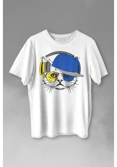 Cat Glasses Gözlüklü Sarı Lacivert Kedi Baskılı Tişört Unisex T-shirt 001