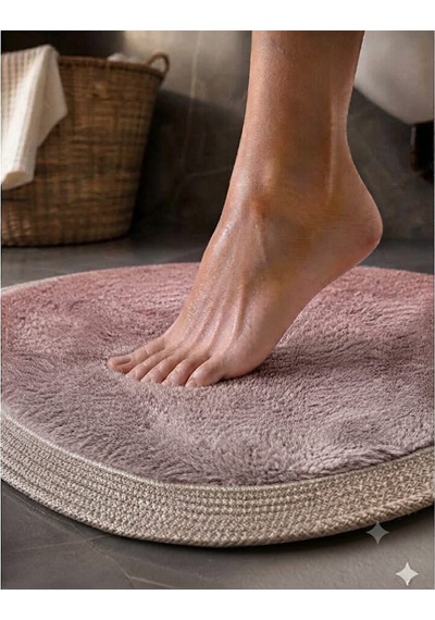 Kaymaz Taban Peluş Banyo Paspası Seti Pudra Rengi Jüt Kenar Detaylı 2'li Oval Yuvarlak 100x60 60x60