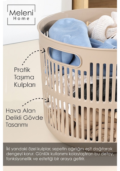 22 Litre Solara Yuvarlak Çamaşır Sepeti - Kulplu Çok Amaçlı Sepet Banyo Düzenleyici Sepet Bej Bej