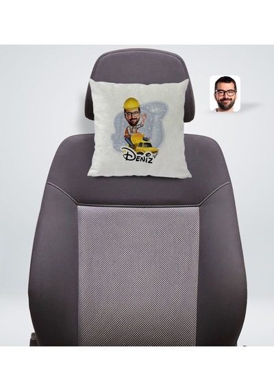 Bk Gift Kişiye Özel İsimli Erkek Yol Mühendisi Karikatürlü Kare Araç Koltuk Yastığı-1 Çok Renkli