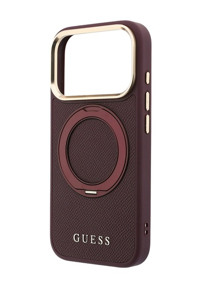 Apple iPhone Uyumlu 18 Pro Max Kılıf Guess Lisanslı M-safeli 360 Standlı Pu Metal Yazı Logolu Kapak Bordo