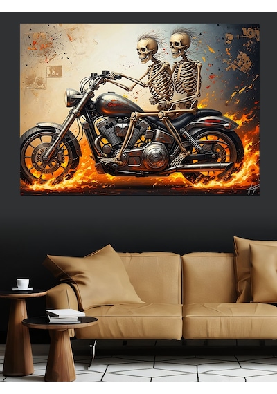 Ahşap Tablo Alevler İçinde Motosikletli İskeletler