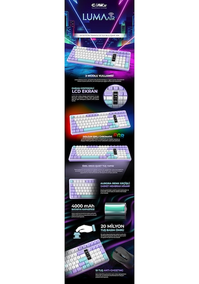 Luma Air Kablosuz 3 Modlu Lcd Ekran 100 Tuş Membran Gaming & Ofis Klavyesi