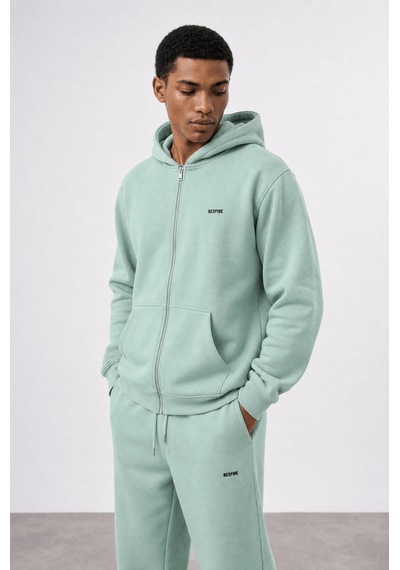 Erkek Respire Basic Oversize Zip Su Yeşili Yeşil