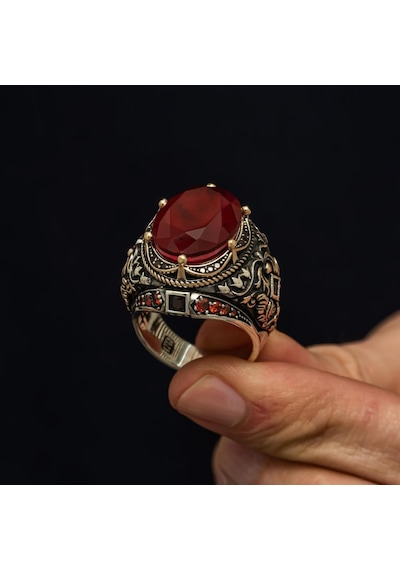 Oval Kırmızı Paraiba Taşlı 925 Gümüş Erkek Yüzük Beyaz
