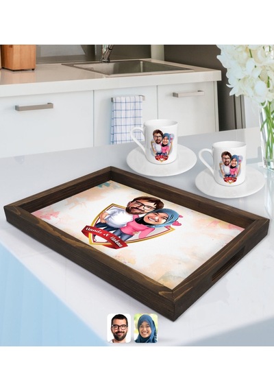 Kişiye Özel İsimli Sevgililer Karikatürlü Doğal Ahşap Tepsi Ve 2 Li Kahve Fincan Seti-58