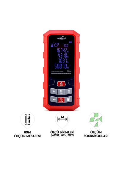 Dawreek Mesafe Ölçer H01 Red 80 Metre Dijital El Tipi Mesafe Ölçüm Cihazı