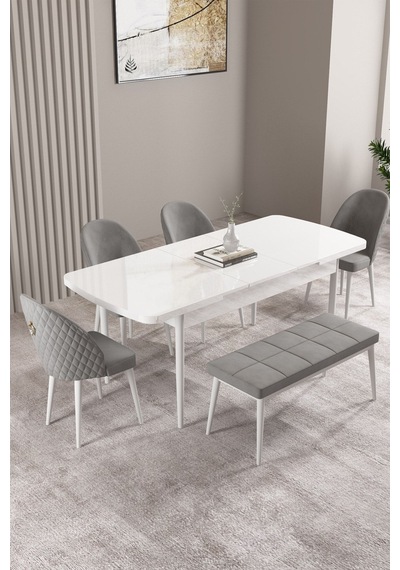 Milas Beyaz 80x132 Mdf Açılabilir Yemek Masası Takımı 4 Sandalye, 1 Bench Gri