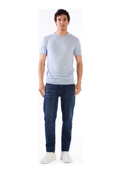 Dufy Buz Mavisi O Yaka Düz Renk Kısa Kollu Slim Fit Triko Tshirt Buz Mavisi
