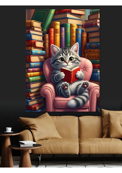 Ahşap Tablo Kütüphanede Kitap Okuyan Kedi
