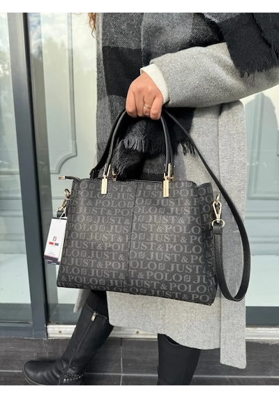 Just Polo Kadın Monogram Baskılı Orijinal El Ve Omuz Çantası Ayarlanabilir Askısıyla 2120mh Siyah